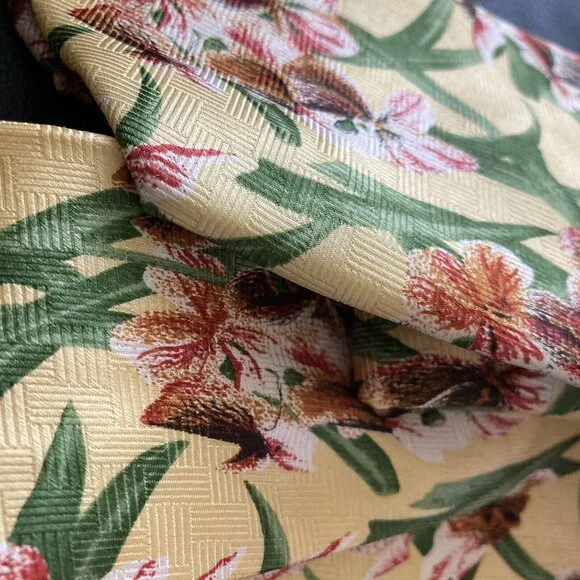 Vintage Floral Print Sopan Silk Tie Handmade Yellow Bird Of Paradise - Picture 6 of 7